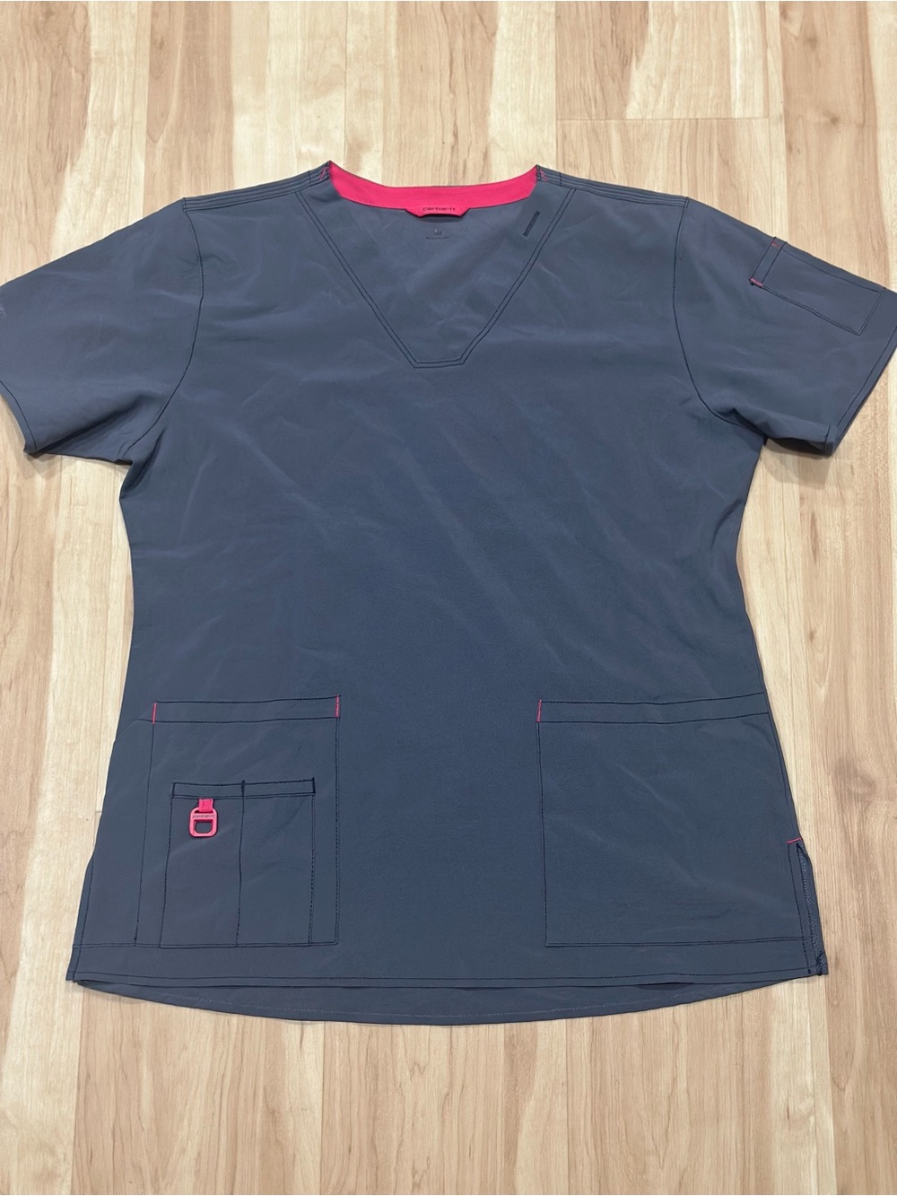 Carhartt Slate Gray Short Sleeve Scrub Top with Pink Trim